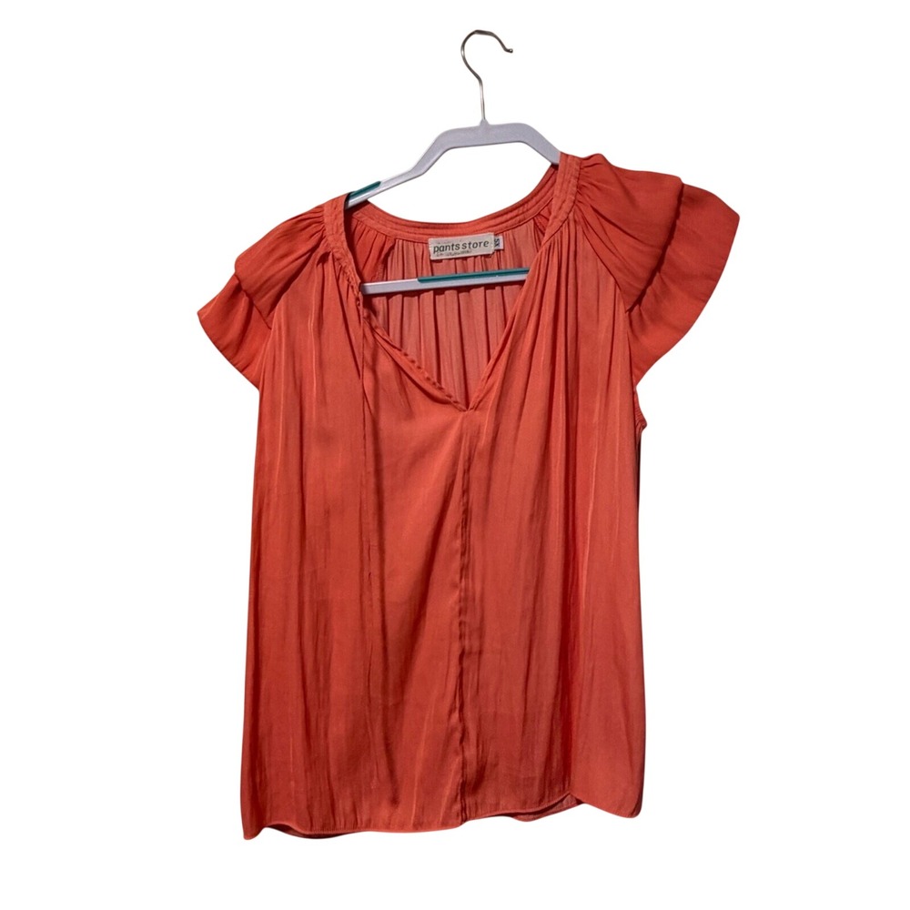 Pants Store Womens Coral Orange Flutter Sleeve V-Neck Pleated Blouse Top XS